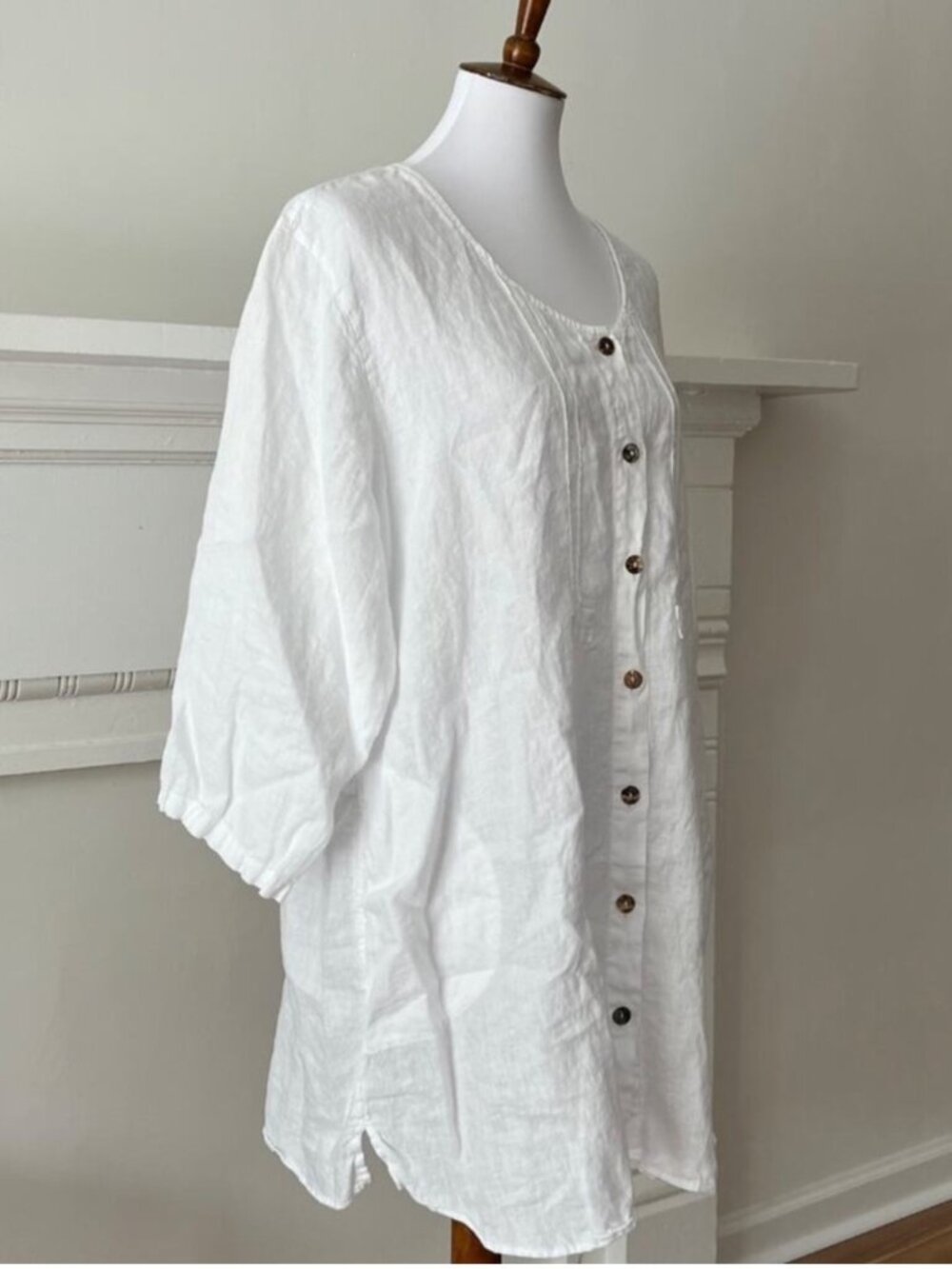 Vintage Plus Size Top Solid White 1X Shirt Linen Lagenlook Tunic Blouse Relaxed